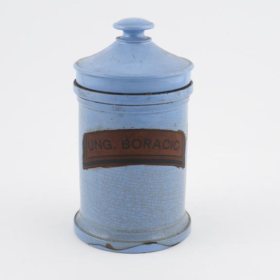 Pale blue drug jar with lid, for UNG:BORACIC', 19th century'