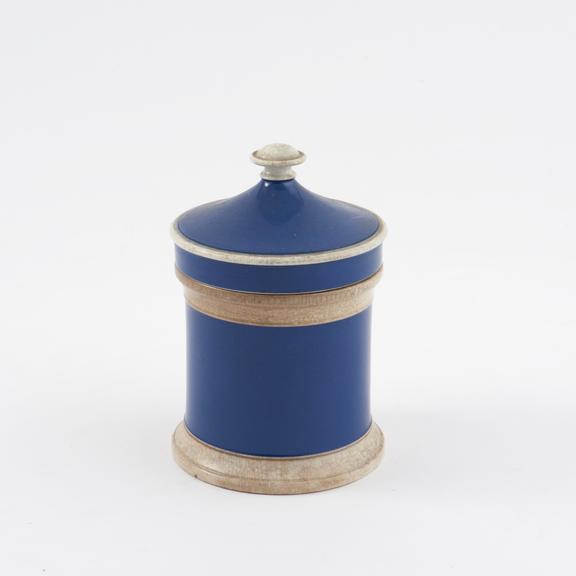 Blue and white drug jar with lid, by C