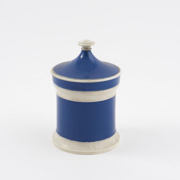 Blue and white drug jar with lid, by C