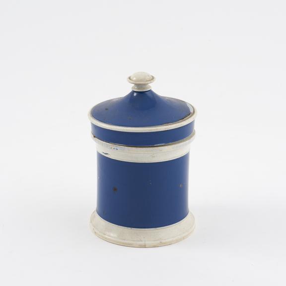 Blue and white drug jar with lid, by C