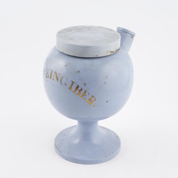 Blue earthenware syrup jar, globular, with spout and lid