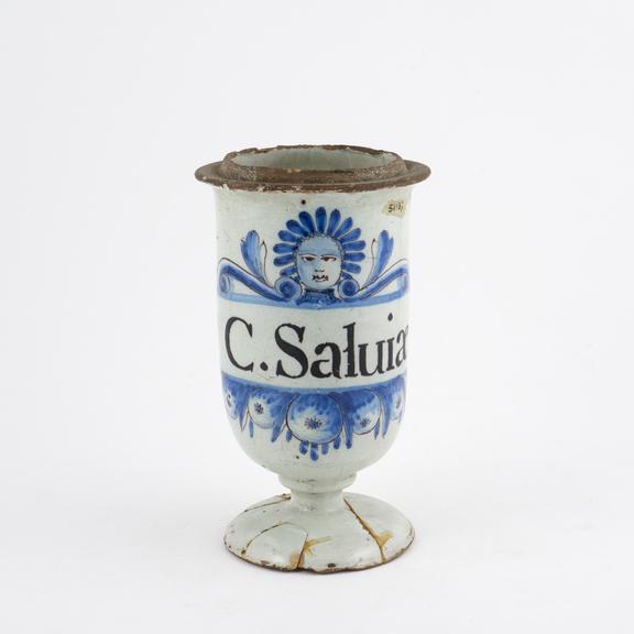 Drug jar, tin glazed earthenware, used for sage conserve