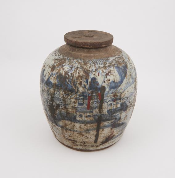 Storage jar, blue and white earthenware, Chinese, C18 or C19