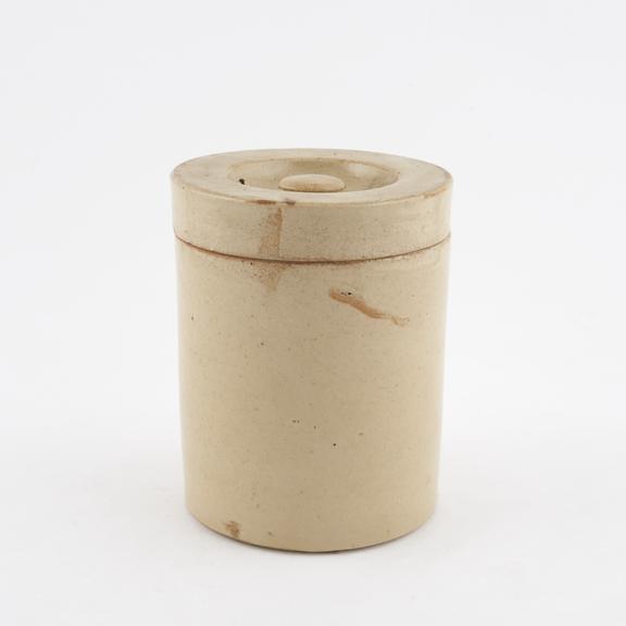 Salt glazed stoneware drug storage jar, English, 1851-1900