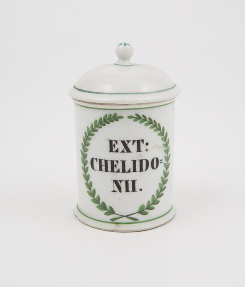 Hard paste porcelain storage jar for celandine extract, French