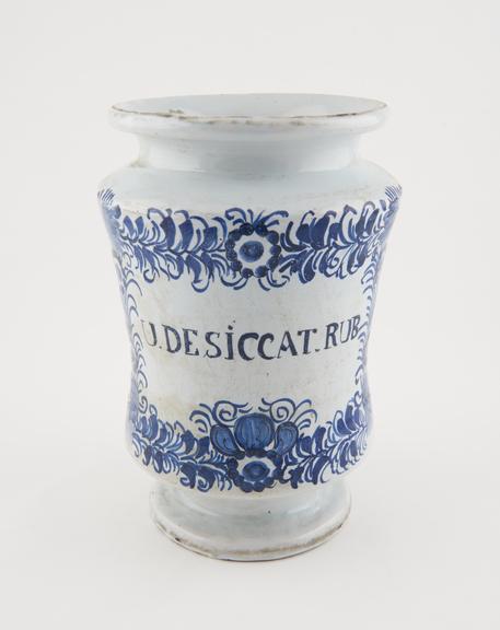 French majolica drug jar, 17th-18th century