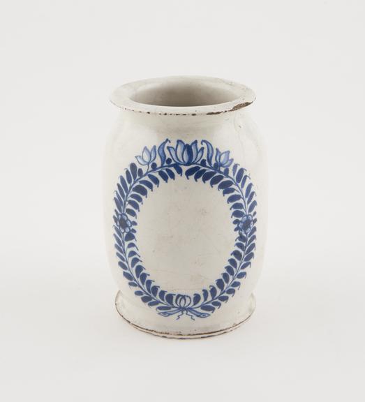 Drug jar, tin glazed earthenware, perhaps Dutch, 1701-1800