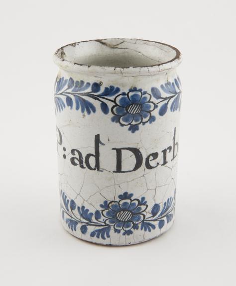 Cylindrical drug jar, tin-glazed earthenware