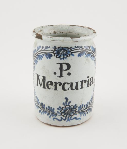 Tin-glazed earthenware drug jar, labelled P