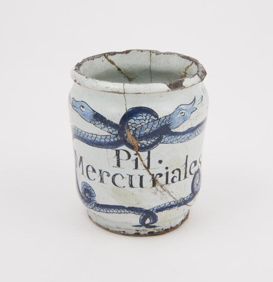 Cylindrical drug jar, tin glazed earthenware