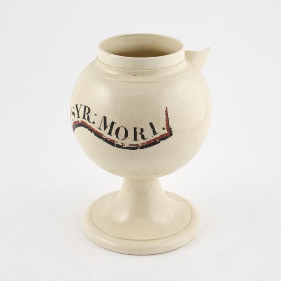 Creamware syrup jar for syrup of mulberries, English, 1770-1825