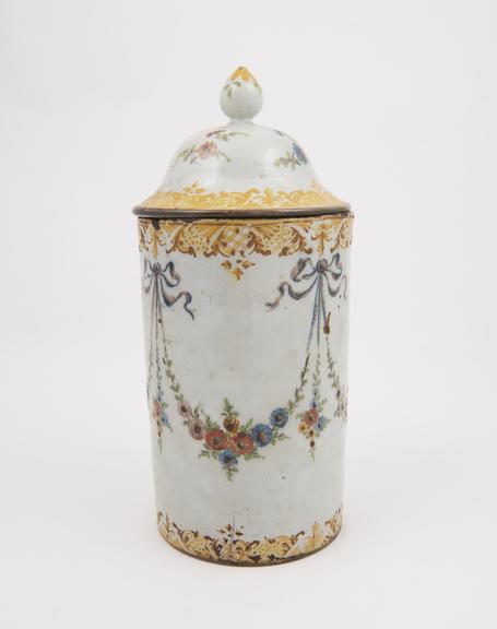 Italian storage jar, C18 or C19 polychrome maiolica decorated