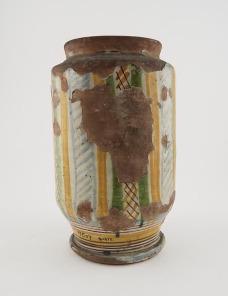 Tin glazed earthenware drug jar, possibly Italian, 1401-1600