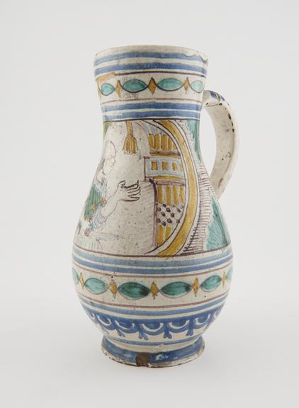 Jug, Italian, C17 polychrome maiolica