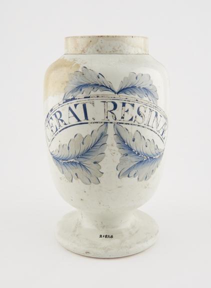 English creamware pharmacy jar, used for a resin ointment