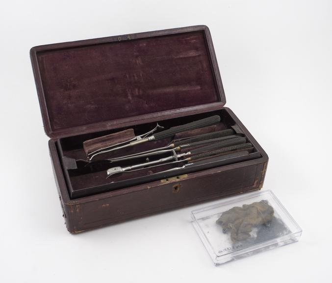 Vesico vaginal instrument set, in leatherette case, by Hilliard