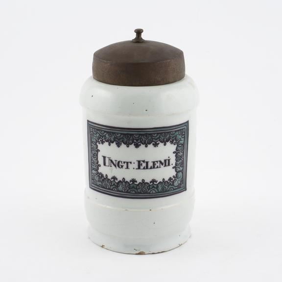 Tin glazed earthenware drug jar, used for gum elemi linguent