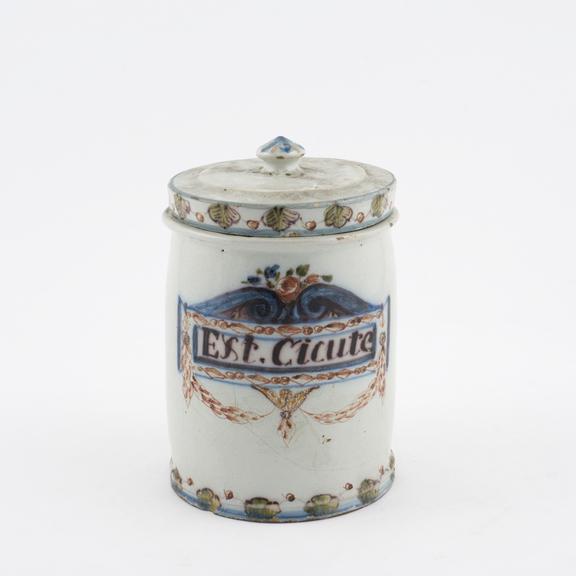 Drug jar, perhaps Dutch, 1740-1820, polychrome Delft