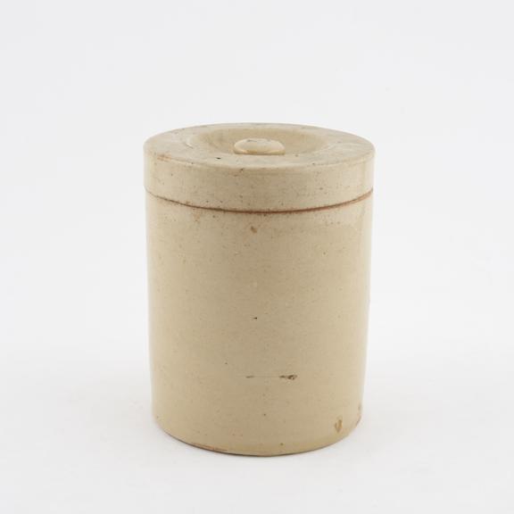 Drug jar, stoneware, glazed, with lid, unlabelled, English