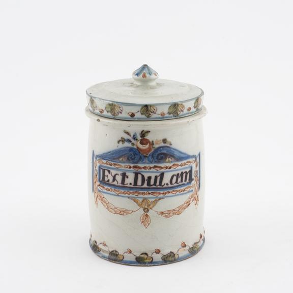 Drug jar, perhaps Dutch, 1740-1820, polychrome delft