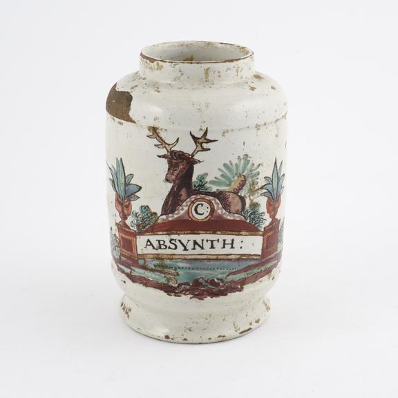 Tin-glazed earthenware drug jar, stag motif