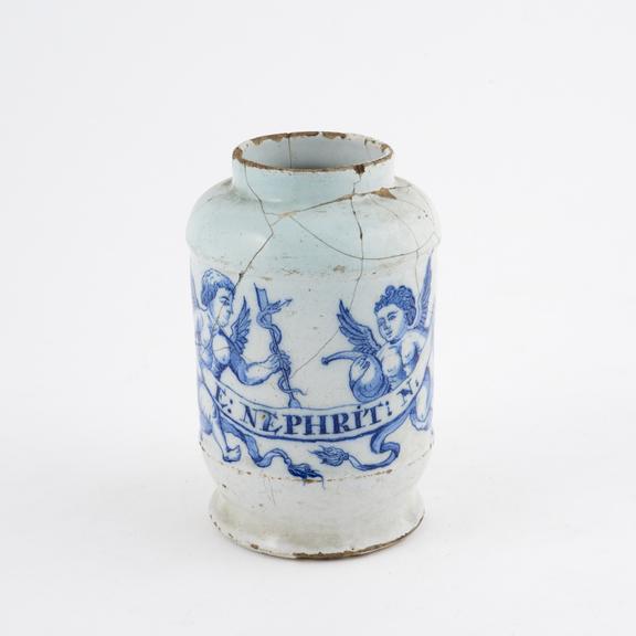 Tin-glazed earthenware drug jar, showing Panacca and Hygeia