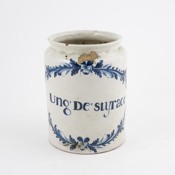 Tin glazed earthenware drug jar, used for benzoin, or storax