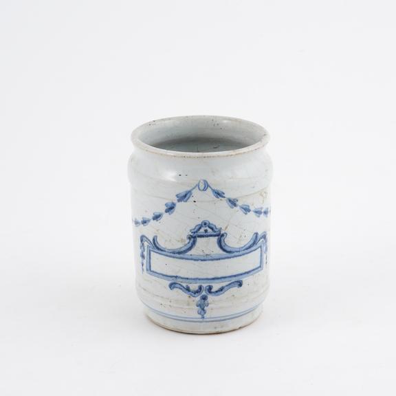 Tin-glazed earthenware pharmacy drug jar, Dutch, 1760-1820