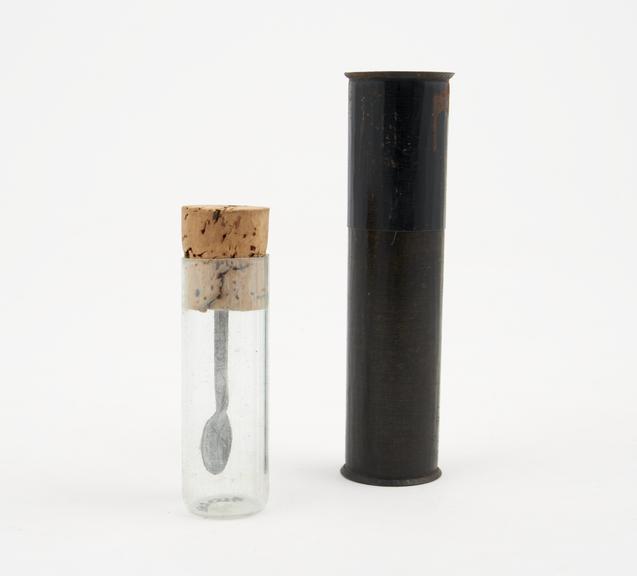 Specimen tube, faeces, clear glass, cork stopper