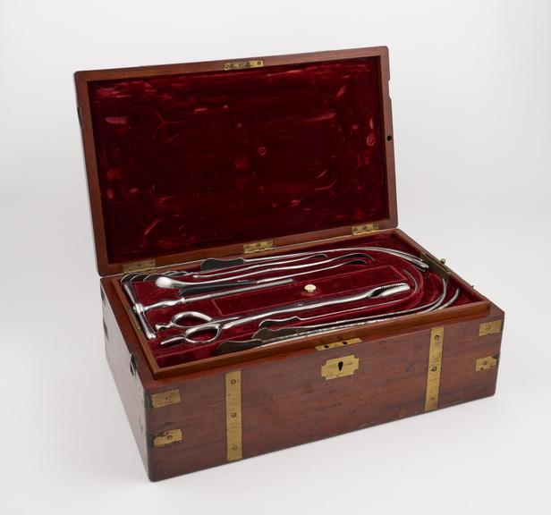 Lithotomy set, in mahogany case, by Coxeter, London, English