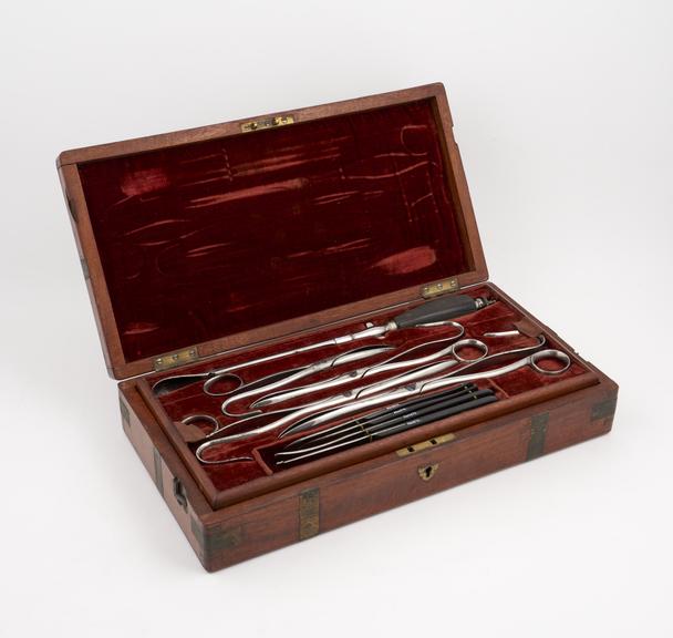 Lithotomy set, complete, steel instruments, in mahogany case