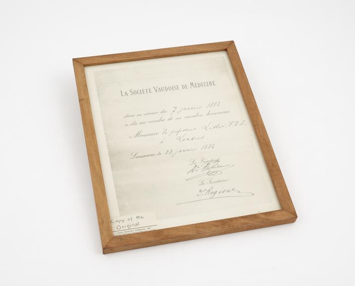 Copy of documentation electing Joseph Lister to Vaud Society of