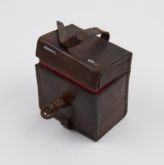 Small rectangular brown leather travelling medicine chest