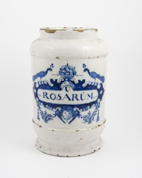 Large tin-glazed earthenware drug jar, peacock motif