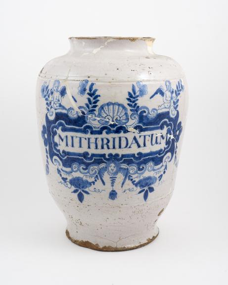 Drug jar, tin-glazed, earthenware, for Mithridatum', English'