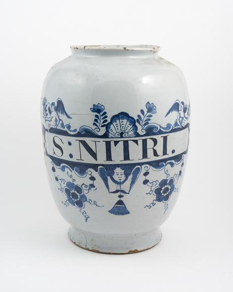 English tin-glazed earthenware pharmacy jar, Crellin 124