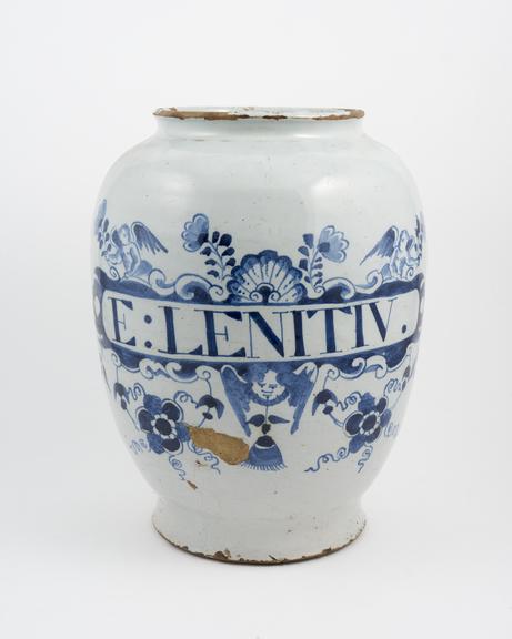 English tin-glazed earthenware pharmacy jar, Crellin 125