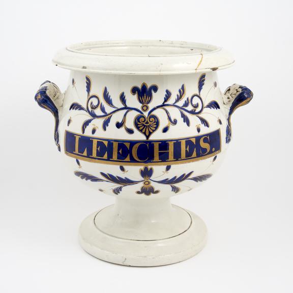 Pharmacy leech jar, ornate gilt earthenware