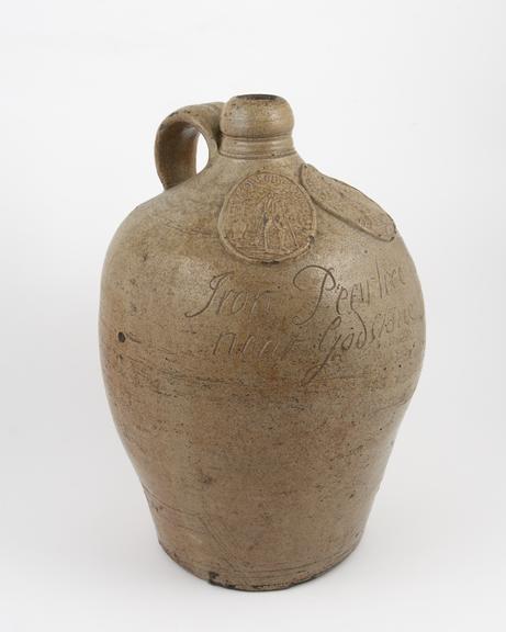 Salt-glazed stoneware commemorative jug for Iron Peartree Water