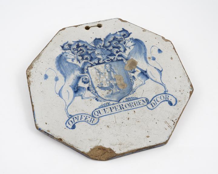 Earthenware pill tile, tin-glazed, octagonal