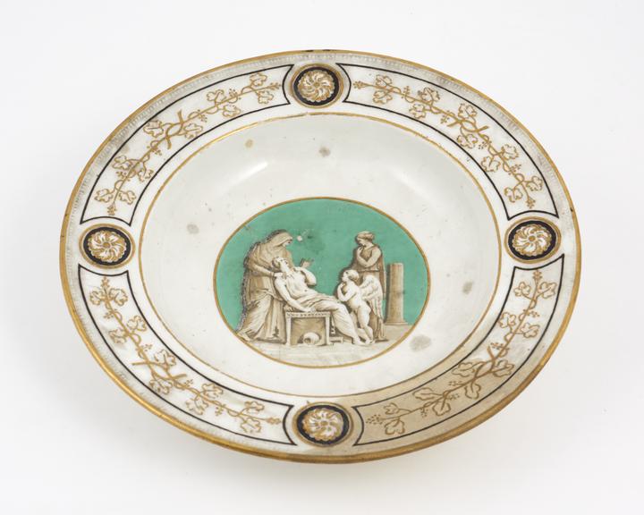 Creamware dish, with painted scene depicting a sick woman