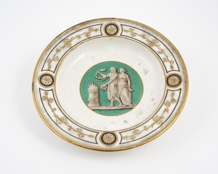 Creamware dish, with painted scene depicting Aesculapius and