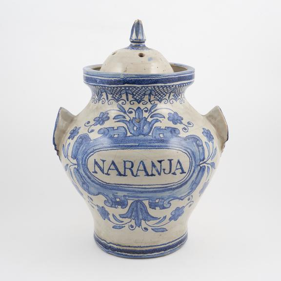 Tin-glazed earthenware storage jar, for oranges, Spanish