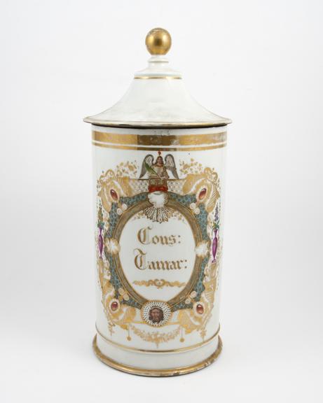 Drug jar, French, 1810-1870, porcelain, used for tamarind seed