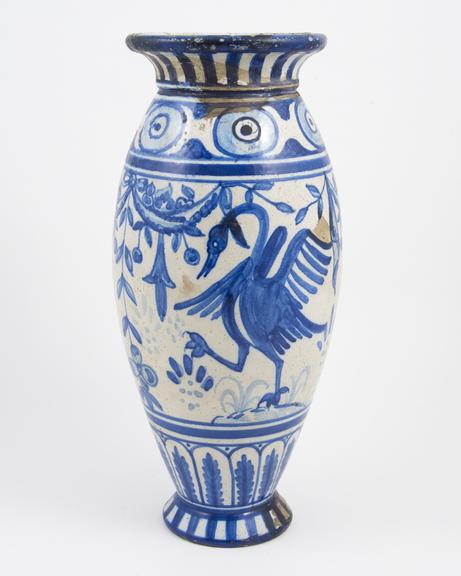 Tall ovoid drug jar, blue and white earthenware, Portuguese