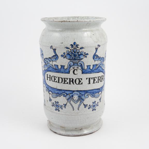 Tin-glazed earthenware drug jar, peacock motif