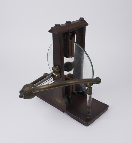 Electrostatic machine, wooden base and frame, glass plate