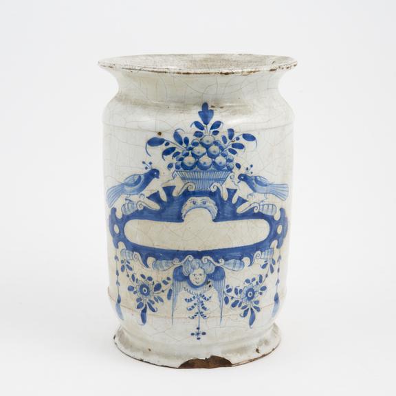 Tin glazed earthenware pharmacy jar, peacock motif, Dutch