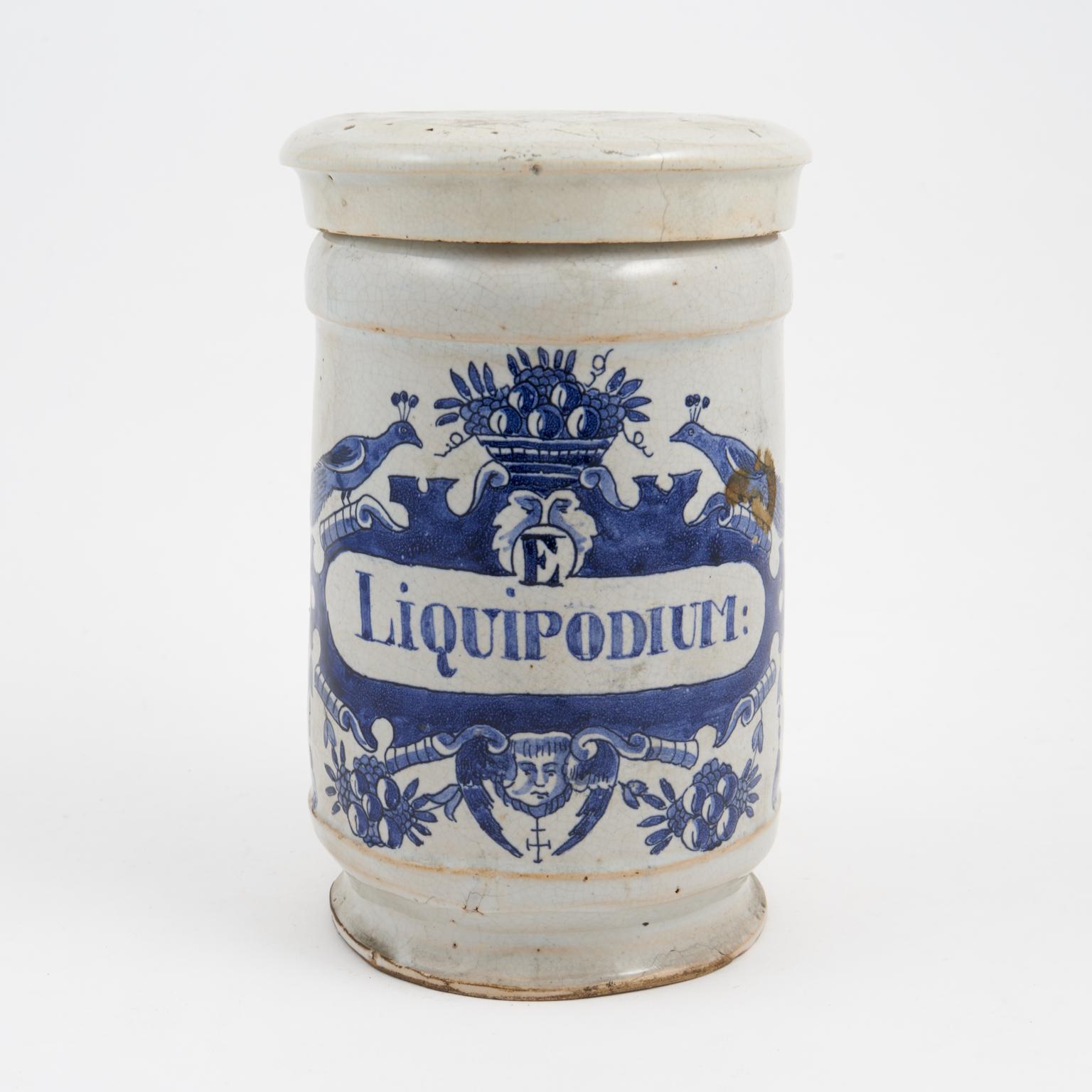 Dutch tin-glazed cylindrical earthenware pharmacy jar