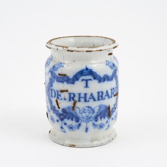 Drug jar, tin glazed earthenware, used for rhubarb tincture